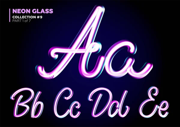 Neon Glowing 3D Typeset. Fonta Set Huruf Kaca. Warna Merah Muda dan Biru Glossy . - Stok Vektor