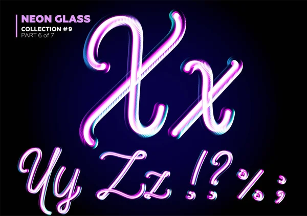 Neon Glowing 3D Typeset (em inglês). Conjunto de fontes de cartas de vidro. Cores rosa e azul brilhante . —  Vetores de Stock