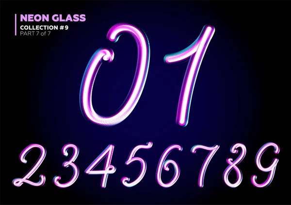 Lettres de verre 3D avec effet de nuit néon, les couleurs violets et bleus brillants. — Image vectorielle