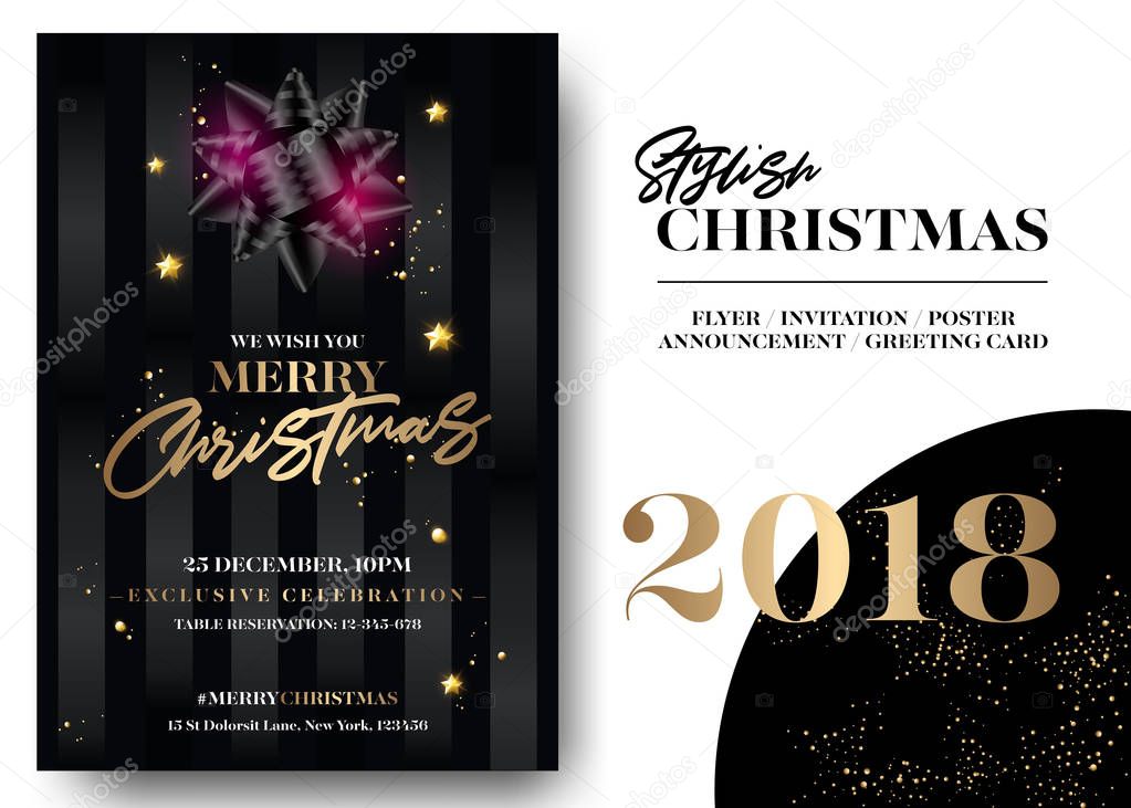 Merry Christmas Greeting Card Template. Vector Elegant Black Invitation Design. Xmas Celebration Event Poster. Stylish Dark Background with Gold Lettering. 