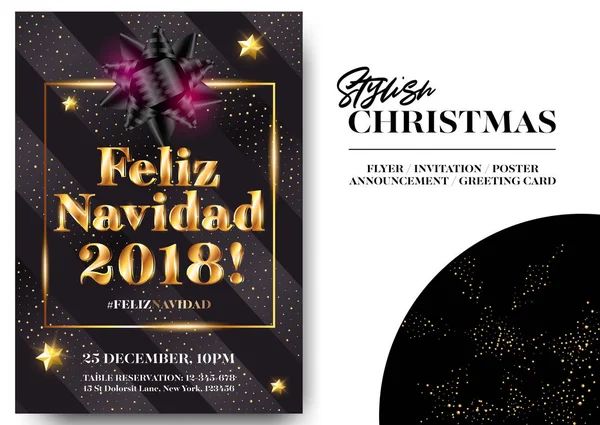 Feliz Navidad 2018 з Різдвом на іспанською мовою. Стильний чорний Вітальна картка дизайн. Вектор елегантний запрошення шаблон. Різдвяні святкування. — стоковий вектор