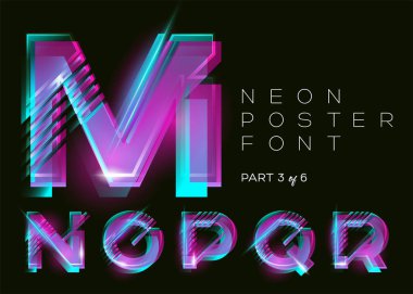 Vektör Neon yazı kümesi. Pembe harfler parlayan. Floresan Glitch etkisi. Canlı mavi, mor renkler. Müzik Festivali, gece kulübü daveti, satışı büyük başlığı, yaratıcı Poster için parlak Retro yazı tipi. 