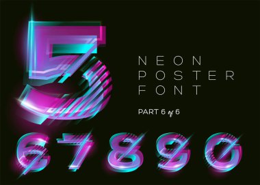 Neon 3d yazı kümesi. Parlak metin efekti. Siyah arka plan üzerine canlı parlak renkler. Modern yaratıcı tipografi için Dj müzik parti, Fest, satışı büyük başlığı. 