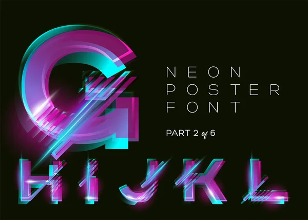 Vektor Neon Typeset. Alfabet bercahaya, Latar Belakang Gelap. Efek Glitch. Merah Muda Bersemangat, Biru, Warna Violet. Fonta Futuristik untuk Poster Kreatif, Undangan Klub Malam, Banner Jual, Festival Musik . - Stok Vektor