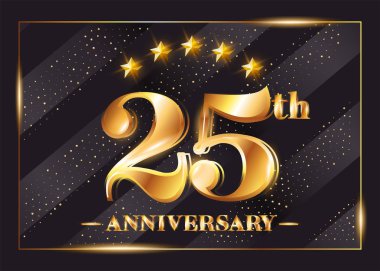 25 Years Anniversary Celebration Vector Logo. 25th Anniversary Gold Icon with Stars and Frame. Luxury Shiny Design for Greeting Card, Invitation, Congratulation Card. clipart