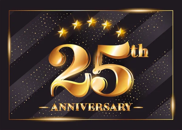 Logo vectoriel de célébration de 25 ans. Icône d'or du 25e anniversaire avec étoiles et cadre. Design brillant de luxe pour carte de vœux, invitation, carte de félicitations . — Image vectorielle