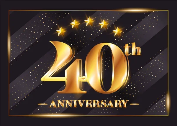 40 Años de Celebración del Aniversario Vector Logo. 40º Aniversario Icono de Oro con Estrellas y Marco. Diseño brillante de lujo para tarjeta de felicitación, invitación, tarjeta de felicitación . — Archivo Imágenes Vectoriales