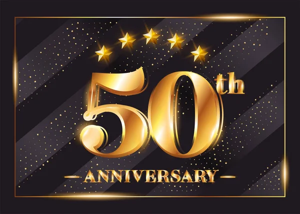 50 Years Anniversary Celebration Vector Logotype. 50th Anniversary Gold Badge with Glitter. Luxury Shiny Design for Greeting Card, Invitation, Congratulation Card. — Stock Vector