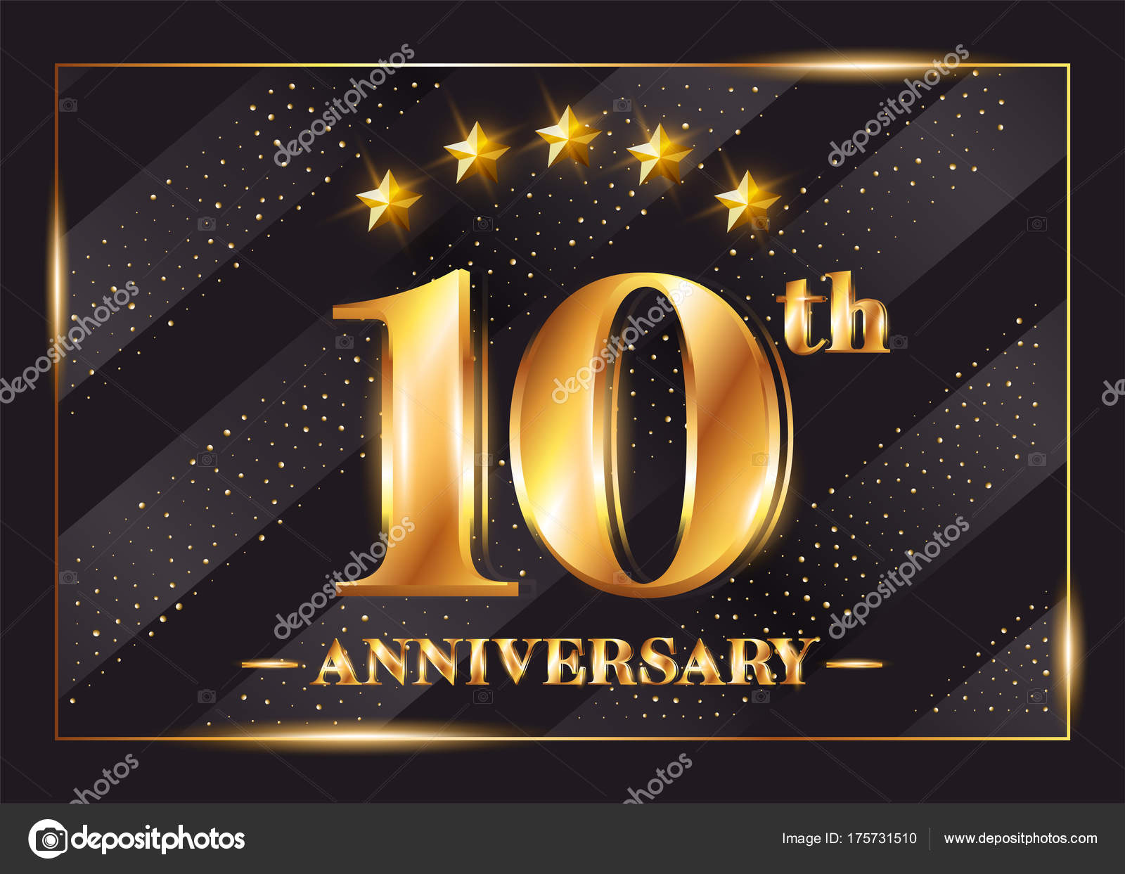 10 Years Anniversary Celebration Vector Logo 10th Gold 10 Years Anniversary Celebration Vector Logo 10th Gold Icon With Stars And Frame Luxury Shiny Design For Greeting Card Invitation