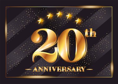 20 yıl yıldönümü kutlama vektör Logo. 20. yıldönümü yıldız ve çerçeve ile altın simgesi. Lüks parlak tasarımı tebrik kartı, davetiye, tebrik kartı. 
