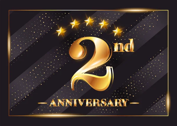 2 Year Anniversary Celebration Vector Logo. 2nd Anniversary Gold Icon with Stars and Frame. Luxury Shiny Design for Greeting Card, Invitation, Congratulation Card. — Stock Vector