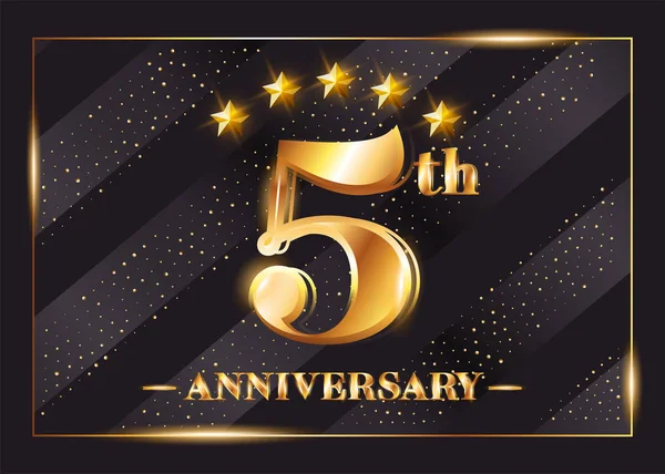 5 Years Anniversary Celebration Vector Logo. 5th Anniversary Gold Icon with Stars and Frame. Luxury Shiny Design for Greeting Card, Invitation, Congratulation Card. — Stock Vector