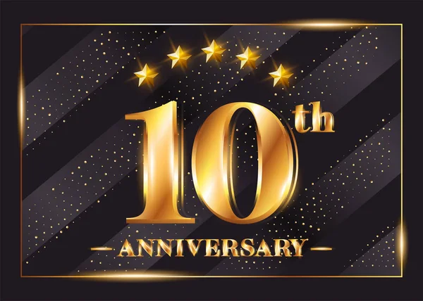 10 Years Anniversary Celebration Vector Logo. 10th Anniversary Gold Icon with Stars and Frame. Luxury Shiny Design for Greeting Card, Invitation, Congratulation Card. — Stock Vector