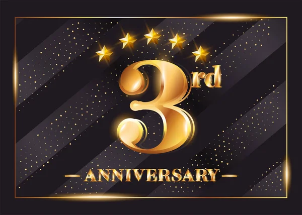 3 year Anniversary Celebration Vector Logo. Золотая икона 3-й годовщины со звездами и рамкой. Шикарный дизайн поздравительной открытки, приглашения, поздравительной открытки . — стоковый вектор