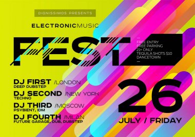 Vektör parlak müzik Poster Festival için. Elektronik müzik kapak Yaz Festivali veya kulüp partisi el ilanı. Yeşil renkli arka plan ile Trendy geometrik şekiller. Olay Davetiyesi için yaratıcı tasarım.
