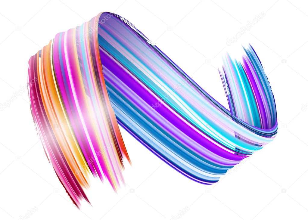 Abstract Vector Paint Brush Stroke. Colorful Curl of Liquid Paint. Digital 3D Ribbon with Brush Texture. Abstract Ink Background. Creative Spiral Wave with Pink, Blue, Red Colors. Isolated on White. 