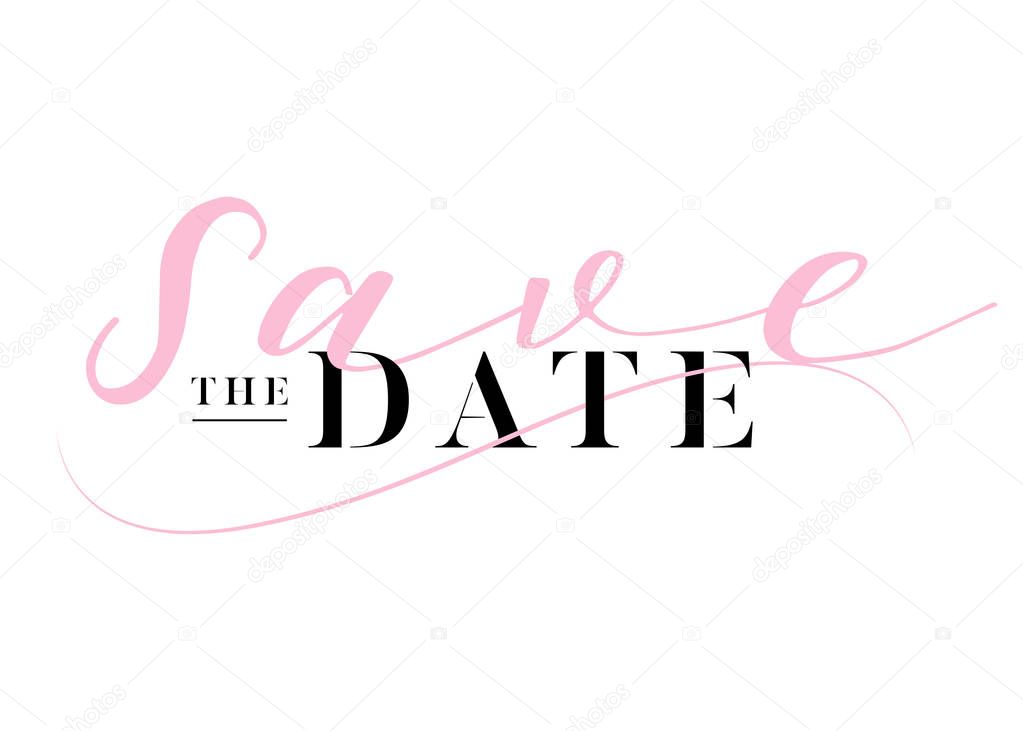 Save the Date Heading for Wedding Invitation. Elegant Handwritten Calligraphy. Luxury Label, Black and Pink Colors. Trendy Wedding Title Design with Lettering. Minimal Monogram. 