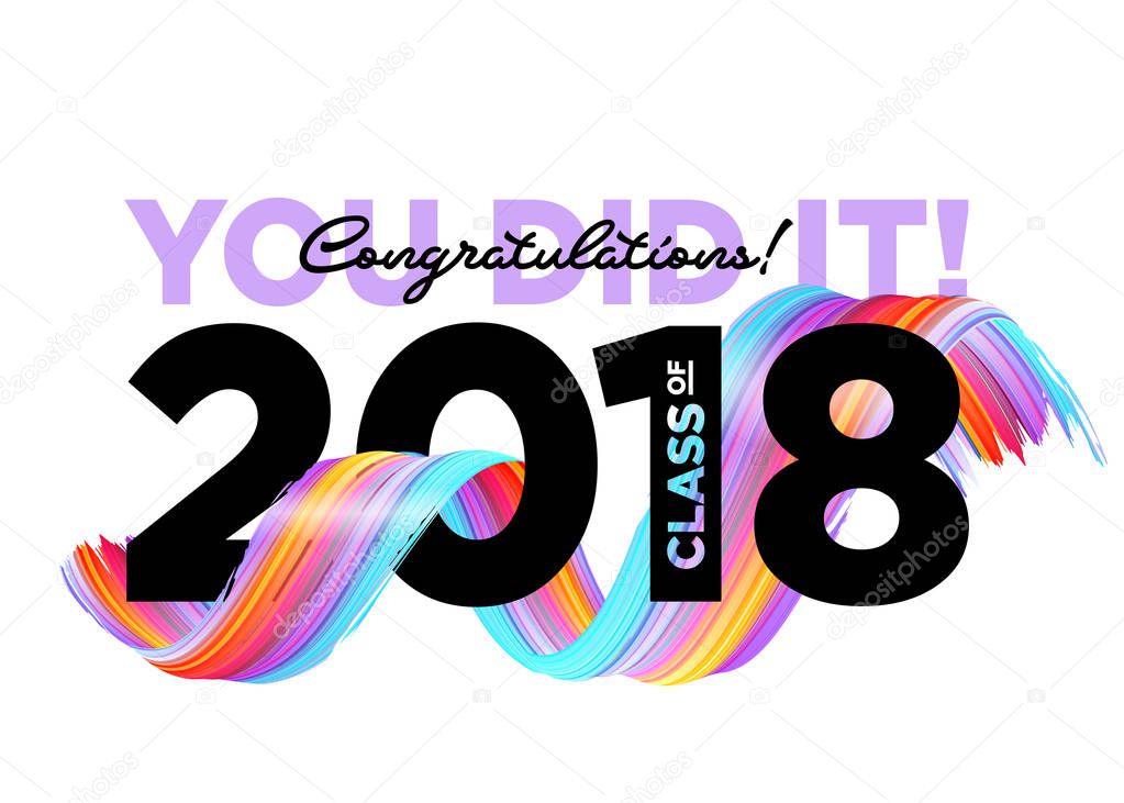 Congratulations Graduates Class of 2018 Vector Logo. Creative Party Invitation, Banner, Poster, Card. Background Design with Typography and Bright 3D Ink Spiral. Label for College Graduation Ceremony.