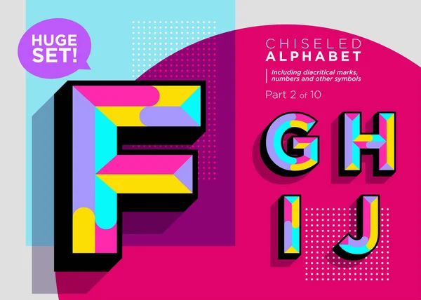 Vektor mozaika vysázet. Texturou geometrické typu. Moderní polygonální typografie pro hudební plakát, leták Club, Fest pozvání, Game Design. Retro živé abecedy. Barevné Hipster pozadí. Funky písmo. — Stockový vektor