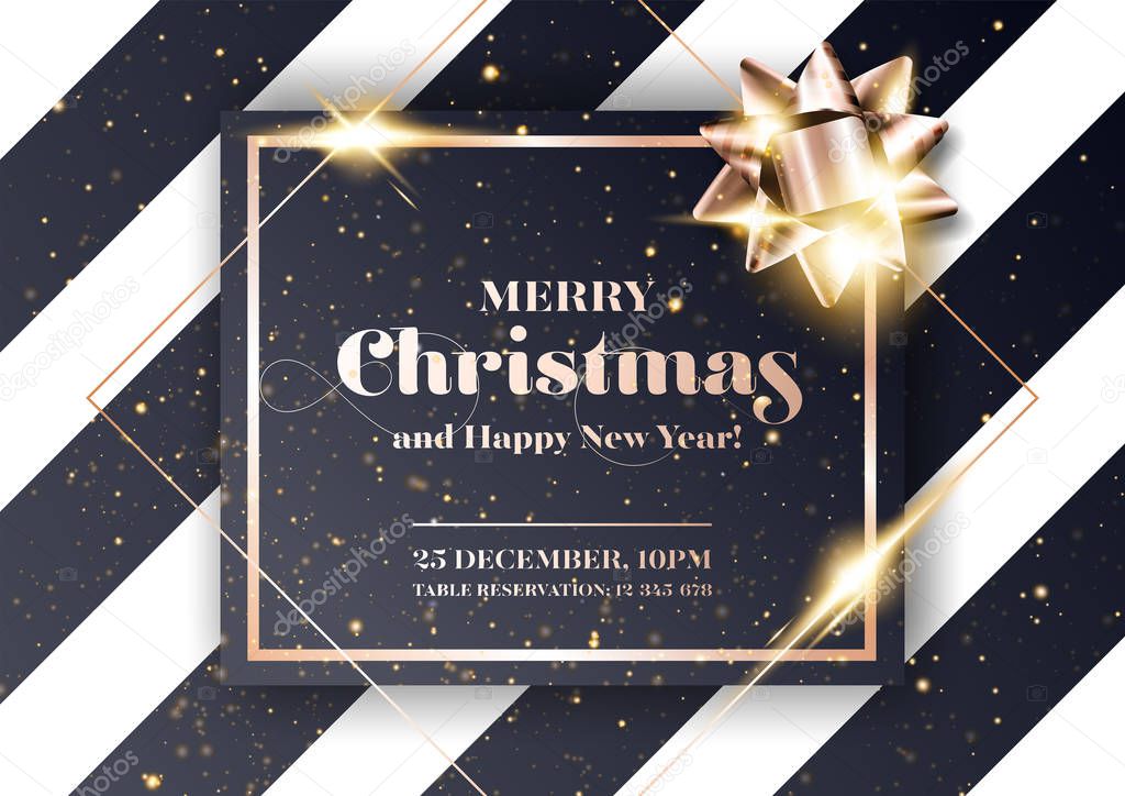 Merry Christmas Vector Background. Minimalist Xmas 2020 Party Invitation, Card, Poster, Cover Template in Dark Black and Rose Gold Colors. Strict, Luxury, Chic, Elegant Style.