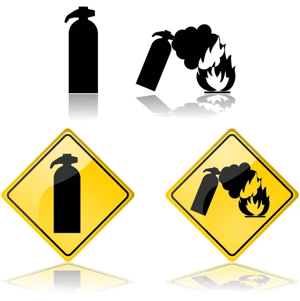 Icono Con Letreros Que Muestran Extintor Apagando Fuego — Vector de stock