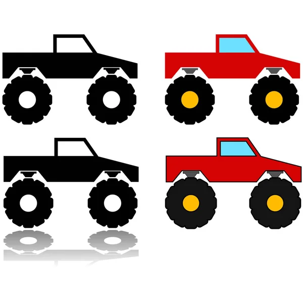 Sada Ikon Zobrazující Ilustraci Monster Truck Reprezentované Různých Stylech — Stockový vektor