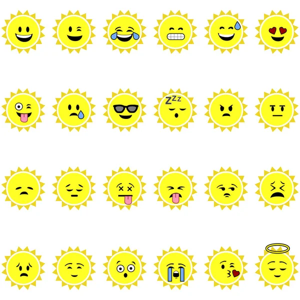 Conjunto Emojis Mostrando Sol Dos Desenhos Animados Com Diferentes Rostos — Vetor de Stock