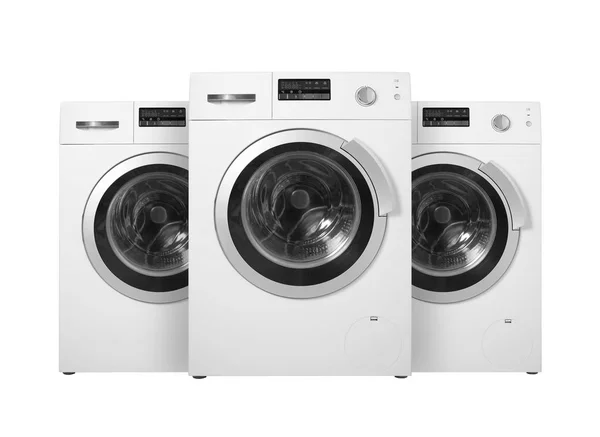 Eletrodomésticos - Três máquinas de lavar roupa. Isolados — Fotografia de Stock