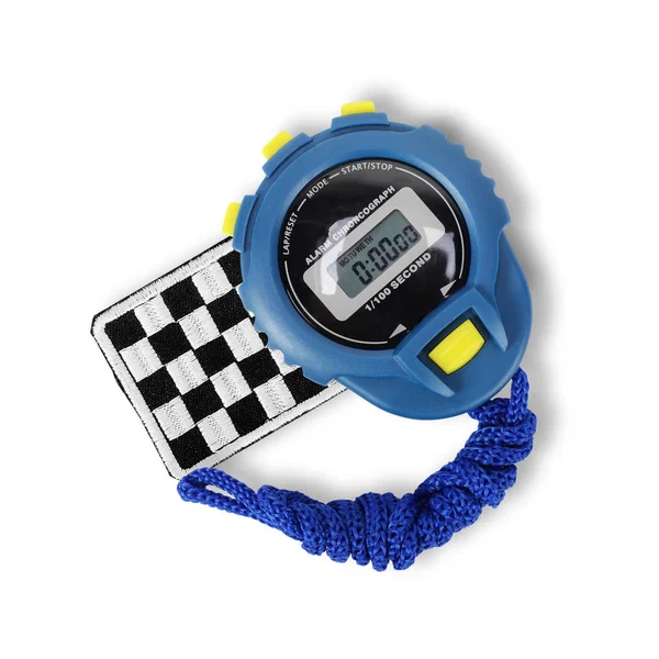 Equipamento desportivo - Blue Stopwatch e bandeira de acabamento — Fotografia de Stock