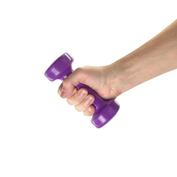 Nesneleri eller eylem - Menekşe dumbbell el tutar. İzole — Stok fotoğraf