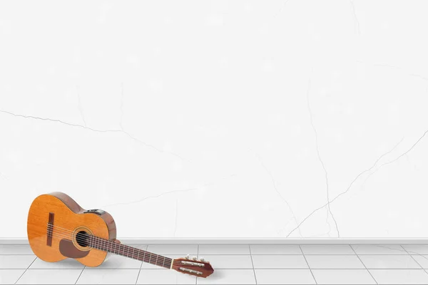 Интерьер дома - Классическая гитара перед белой стеной — стоковое фото