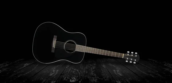 Müzik aleti - siyah akustik gitar siyah arka plan — Stok fotoğraf