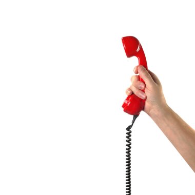 Nesneleri eller eylem - el retro telefon kırmızı yakışıklı tutar. Isola