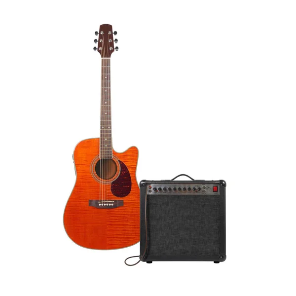 Music and sound - Orange acoustic guitar, amplifier and cable fr — Stock Photo, Image