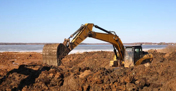 Construcción Amarres Para Estacionamiento Embarcaciones Trabajos Excavadoras Tierra — Foto de Stock