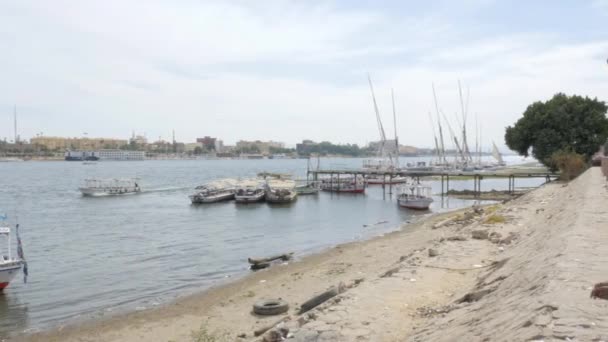 Boten varen de Nijl rivier tegen de lucht — Stockvideo