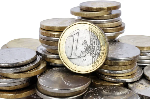 Один евро среди стопок монет — стоковое фото