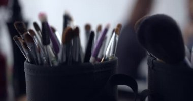 panorama of many brushes of a professional makeup artist