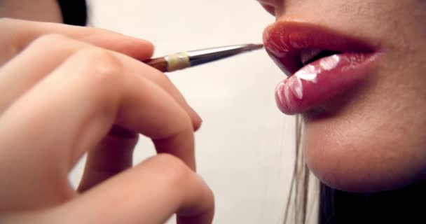 Makeup artist works with the model, applies lipstick with a brush on the lips of the model, close-up macro. paints lips. — Stockvideo