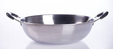 arka plan üzerinde tava ya da paslanmaz çelik tava.