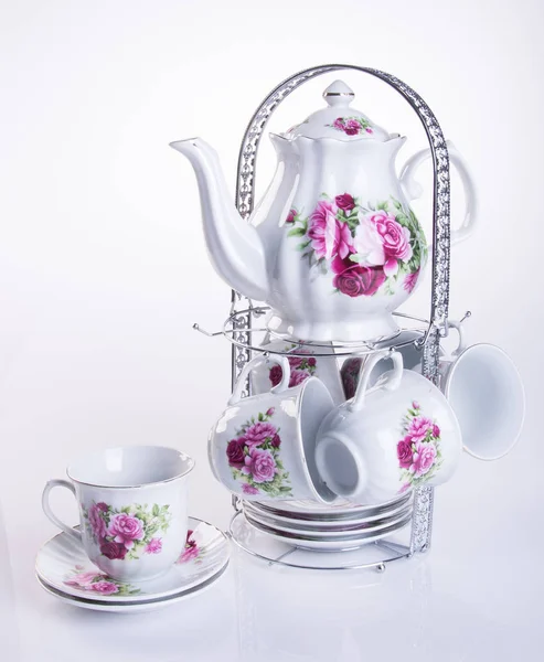 tea set or porcelain tea set on background.