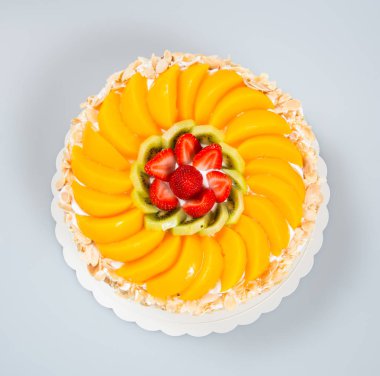 kek veya bir arka plan üzerine meyveli kek.