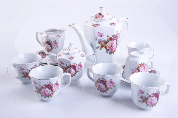 Čajový set nebo porcelánová čajová sada na pozadí. — Stock fotografie