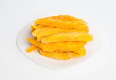 Bir arka plan üzerinde kurutulmuş Mango veya kurutulmuş Mango dilimleri.