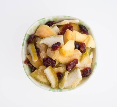 Kurutulmuş meyve veya arka plan üzerinde çeşitli Konserve sebzeleri.