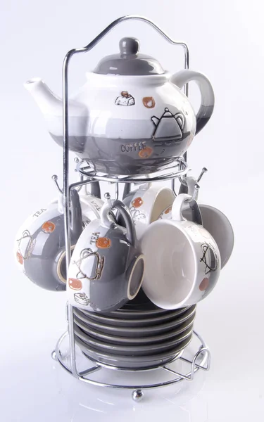 Tea Pot Set Porcelain Tea Pot Cup White Background — Stock Photo, Image