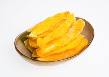 Bir arka plan üzerinde kurutulmuş Mango veya kurutulmuş Mango dilimleri