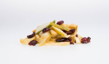 Kurutulmuş meyve veya arka plan üzerinde çeşitli Konserve sebzeleri.