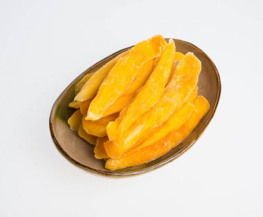 Bir arka plan üzerinde kurutulmuş Mango veya kurutulmuş Mango dilimleri