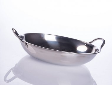 arka plan üzerinde tava ya da paslanmaz çelik tava.